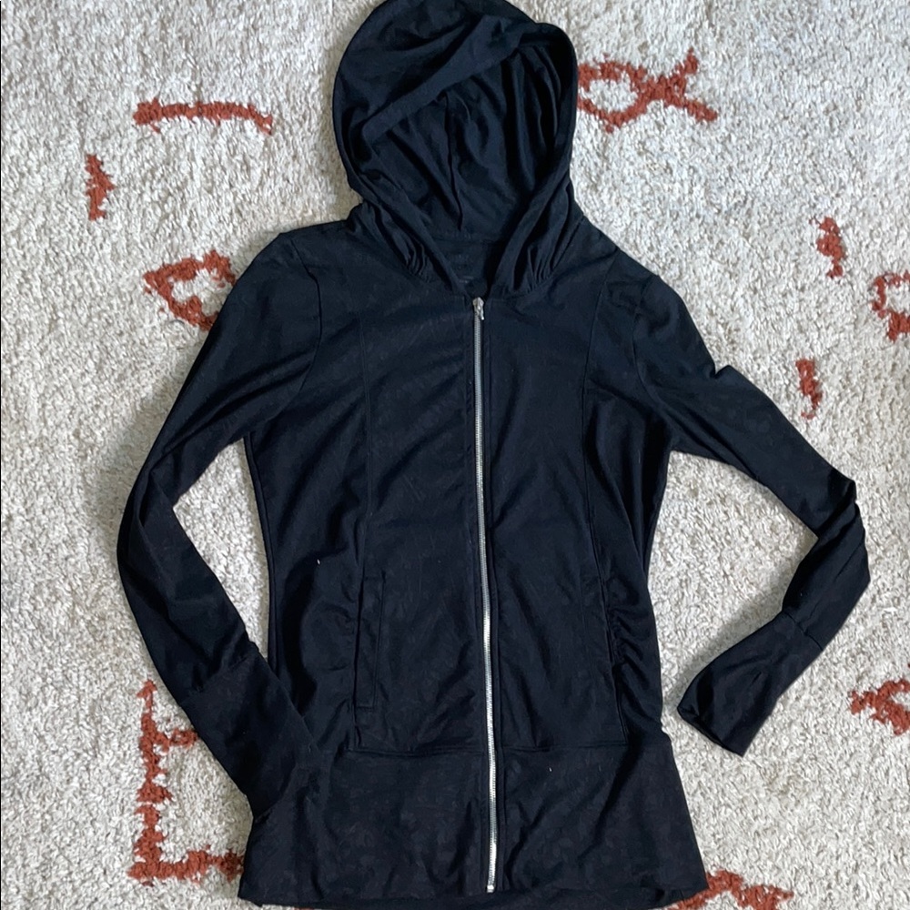 Balance Collection- Sz M- Black Embossed- Yoga ZipUp- Thumbholes- Hooded*Flaw*